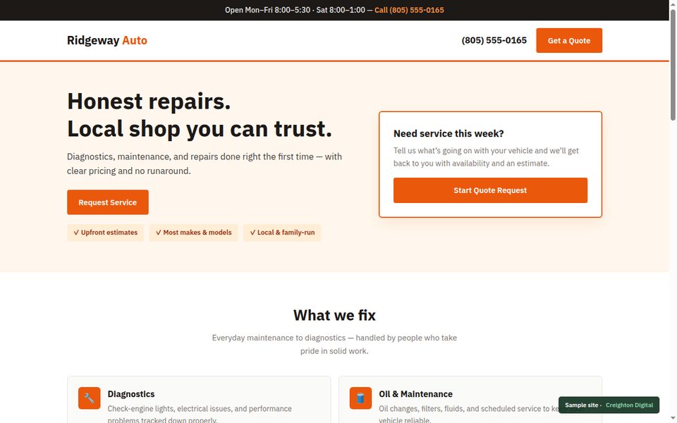 Ridgeway Auto mechanic sample screenshot
